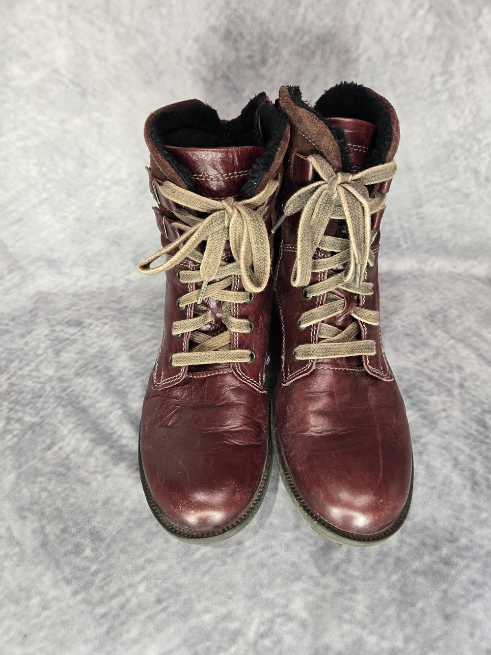 Josef Seibel Burgundy Leather Lace-Up Ankle Boots with Tan Laces